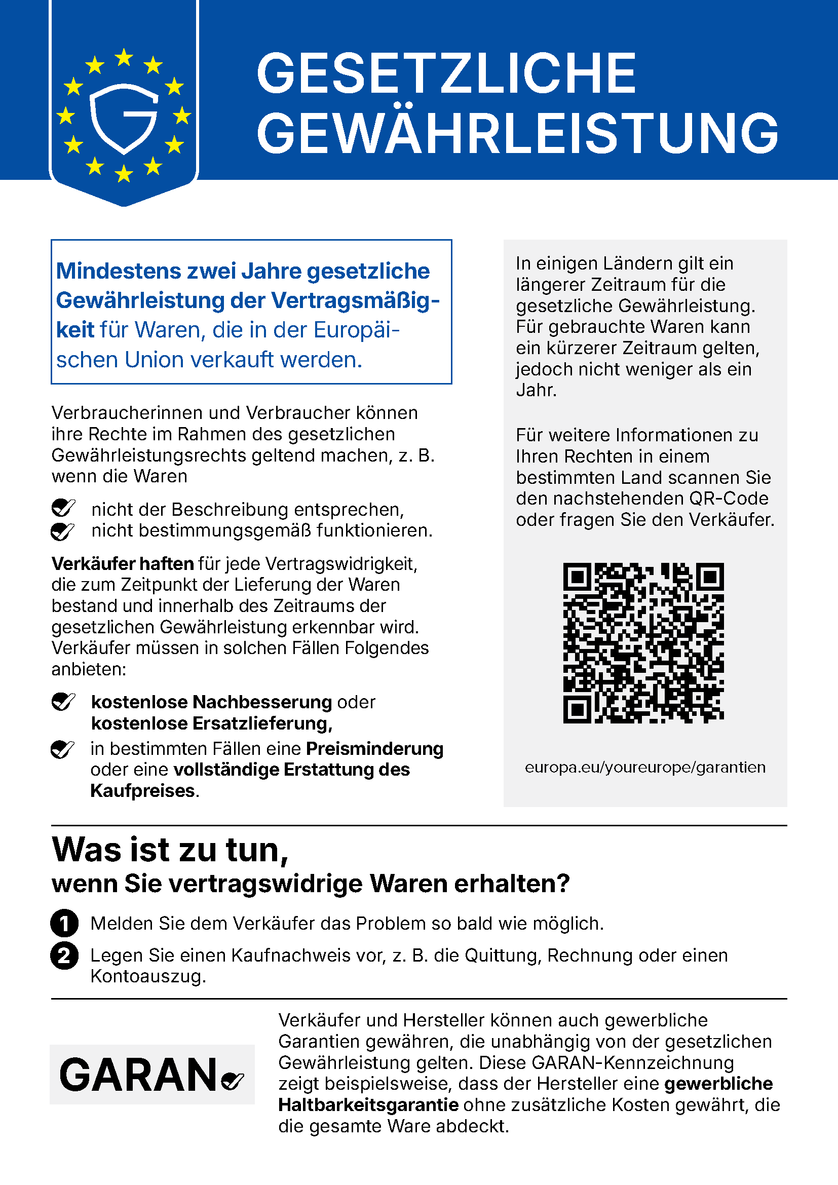 EU-Mitteilung: Gesetzliche Gewährleistung – mindestens zwei Jahre gesetzliche Gewährleistung der Vertragsmäßigkeit für Waren, die in der Europäischen Union verkauft werden