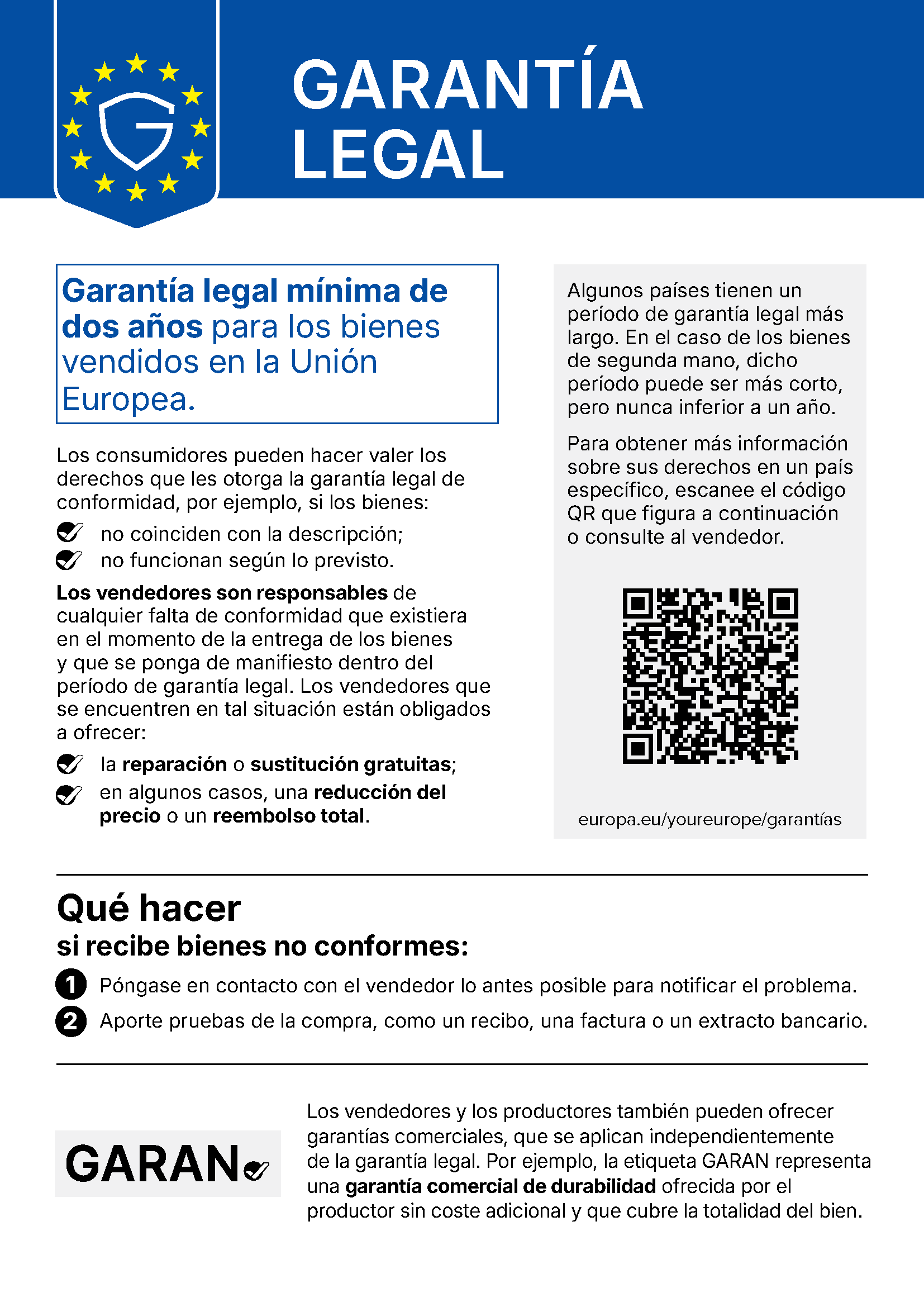 Aviso de la UE: garantía legal de conformidad